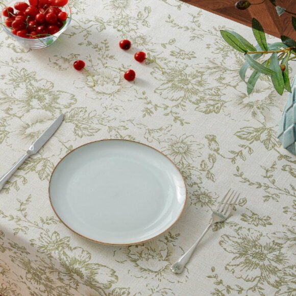 Linen Table Cloth Olive Green Floral Toile on Beige 53 x 69 Rectangle Tablecloth - Picture 8 of 9